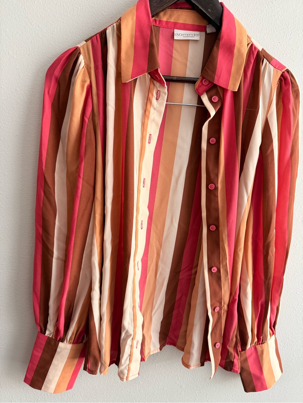 New York & Company Coral Pink Brown Cream Striped Button-Down Blouse